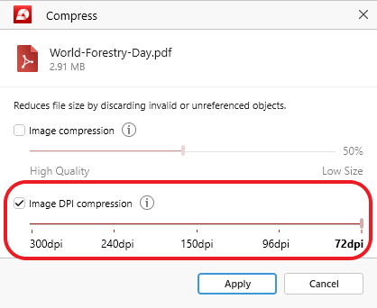 PDF Extra: the PDF compression settings panel with the "Image DPI compression" segment highlighted